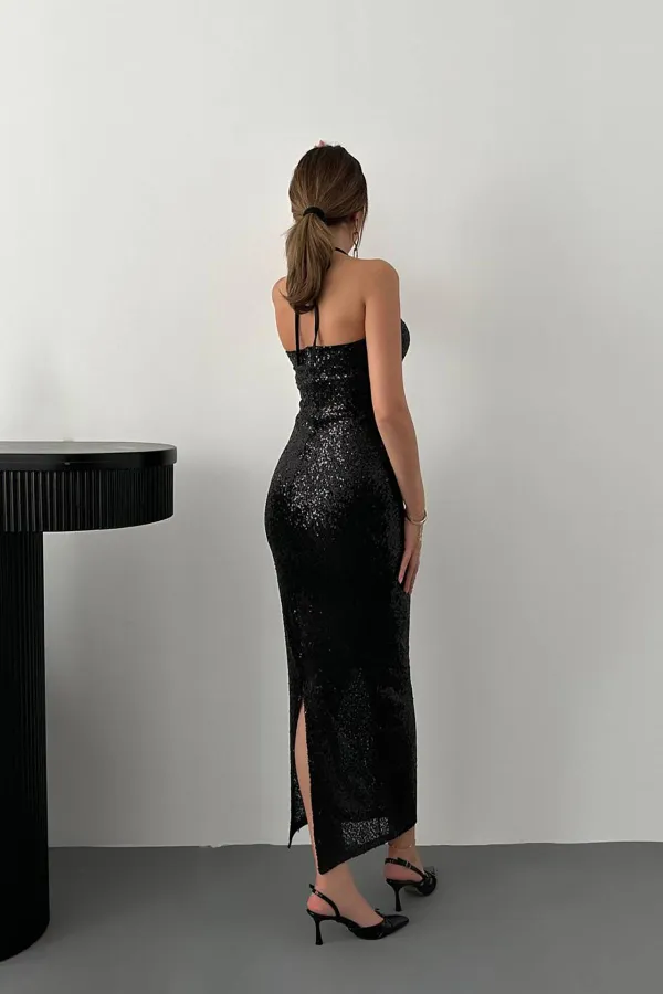Robe noire à paillettes avec dos nu en gros