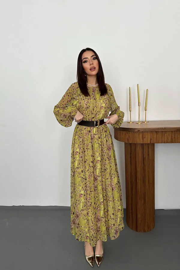 Toptan Yeşil Fırfırlı Şifon Elbise