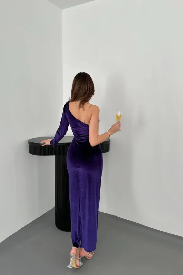 Robe violette asymétrique à bretelles en pierre, vente en gros