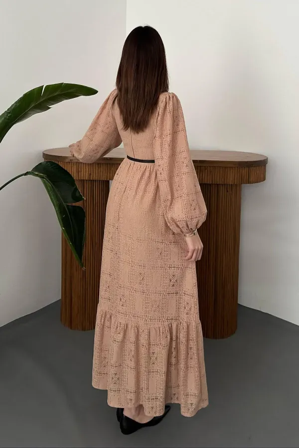 Toptan Bej Dantelli Elbise