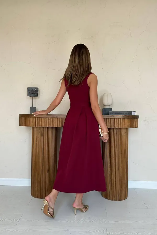 Toptan Bordo Halter Yaka Kloş Elbise