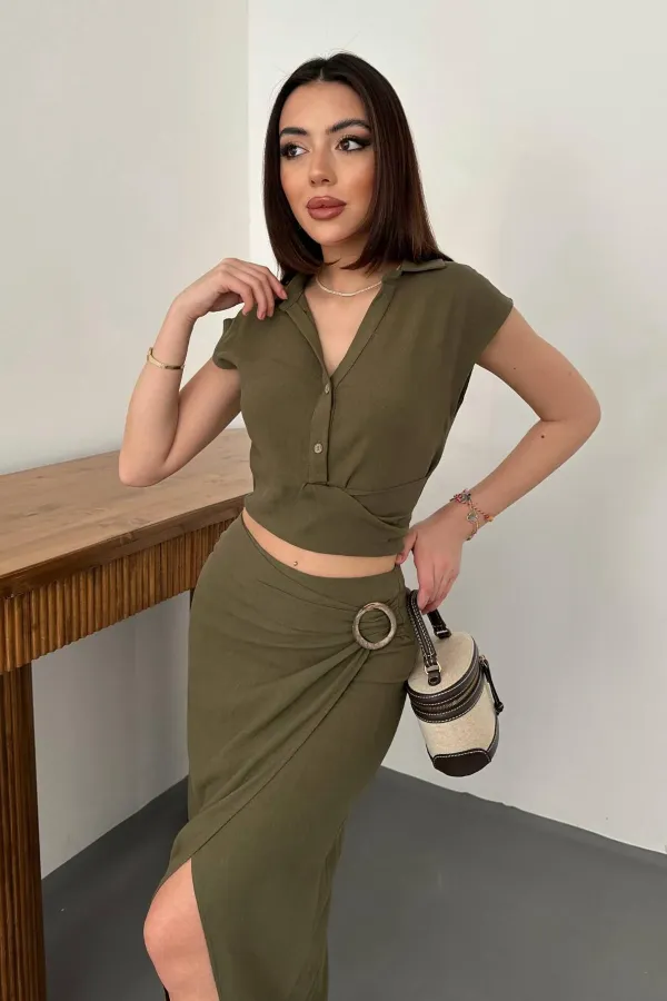 Toptan Haki Keten Gömlek Ve Etek Takım