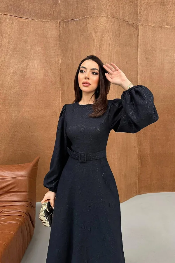 Toptan Lacivert Kare Kabartmalı Simli Uzun Elbise