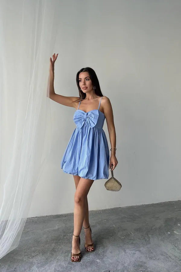 Toptan Mavi Önü Fiyonklu Askılı Elbise