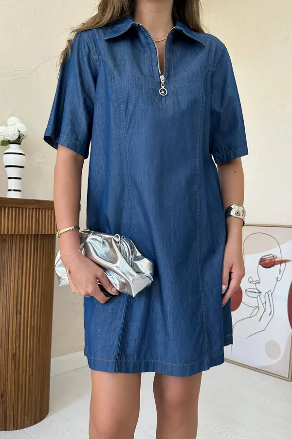 Toptan Mavi Lyocell Kuplu Elbise