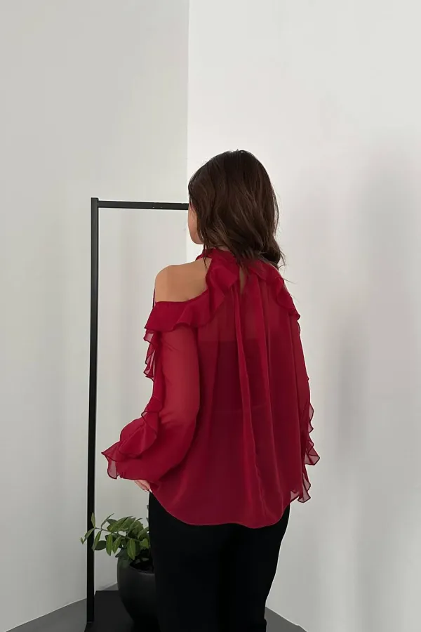 Toptan Bordo Omuzları Açık Bluz