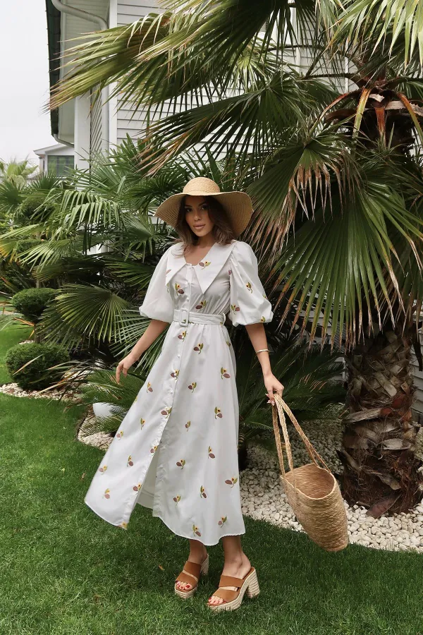 Toptan Kahverengi Yakası Çiçek Motifli Kemerli Elbise