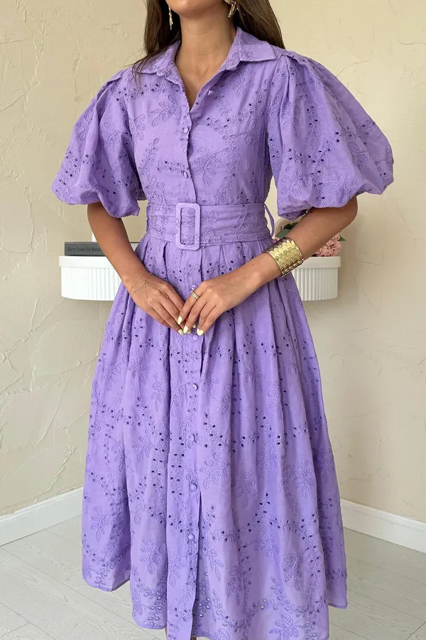 Robe plissée lilas à manches ballon en gros