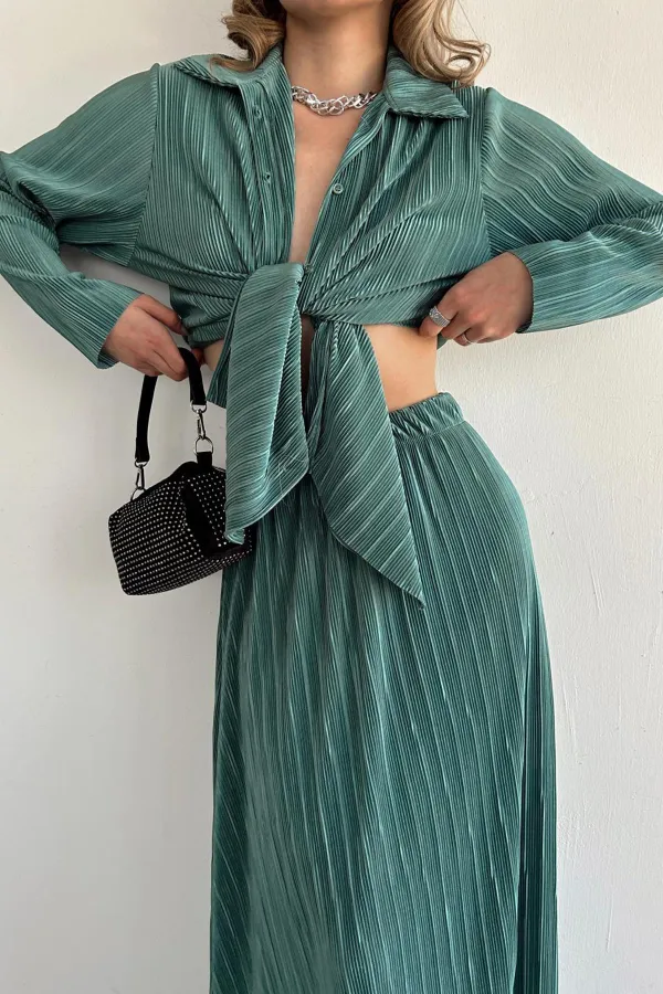 Toptan Mint Fitilli Gömlek Ve Uzun Etek Takım