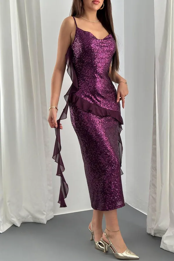 Robe à volants en mousseline à sequins violette en gros