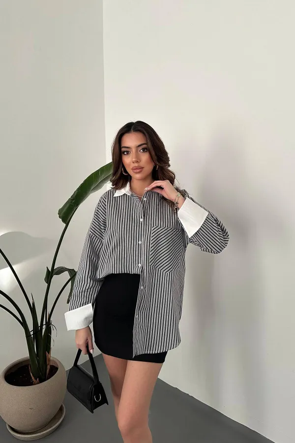 Chemise à manches longues en popeline noire à rayures en gros