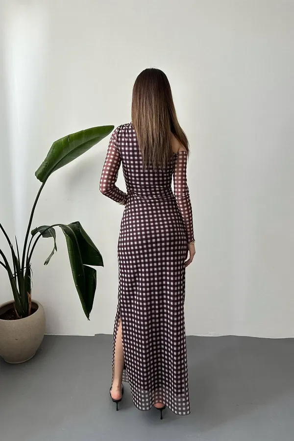 Toptan Kahverengi Ekose Desen Tül Elbise