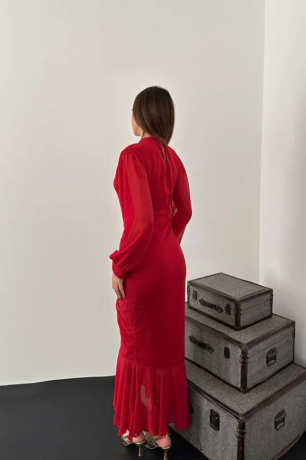 Robe en mousseline plissée rouge en gros