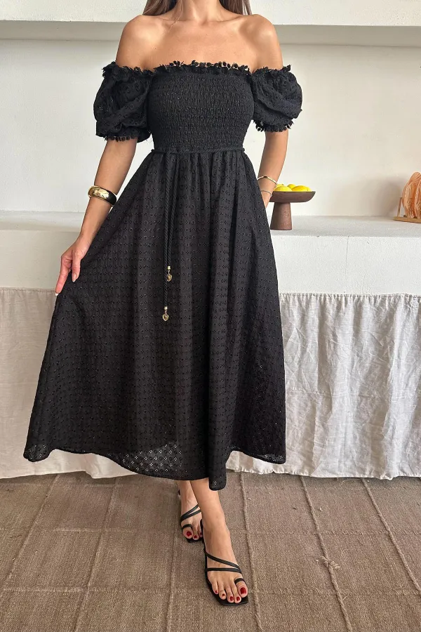 Toptan Siyah Gipeli Brode Elbise