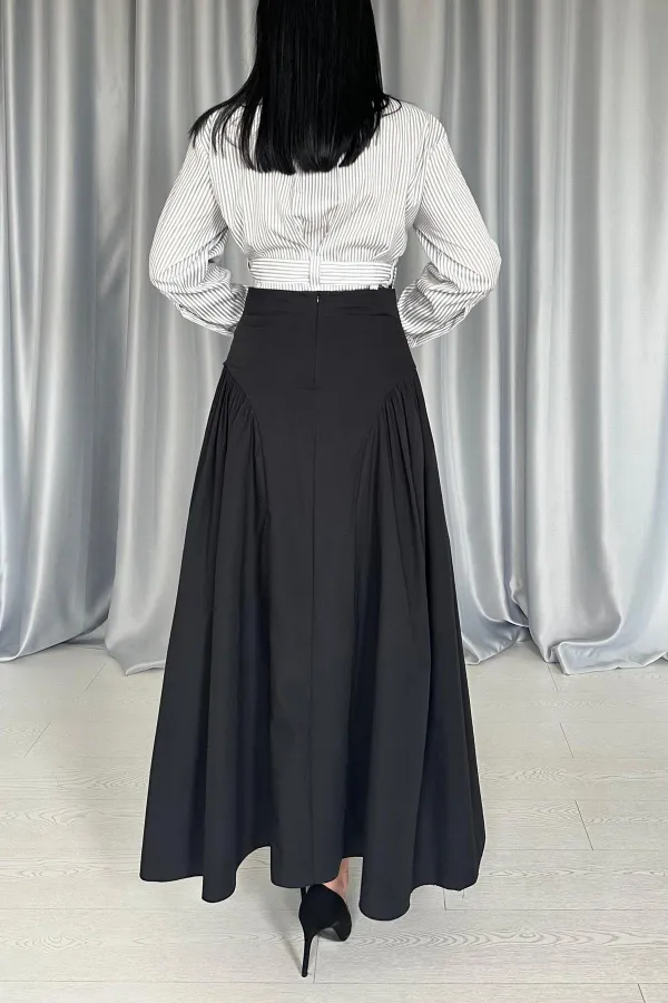 Toptan Siyah Yanları Büzgülü Uzun Etek