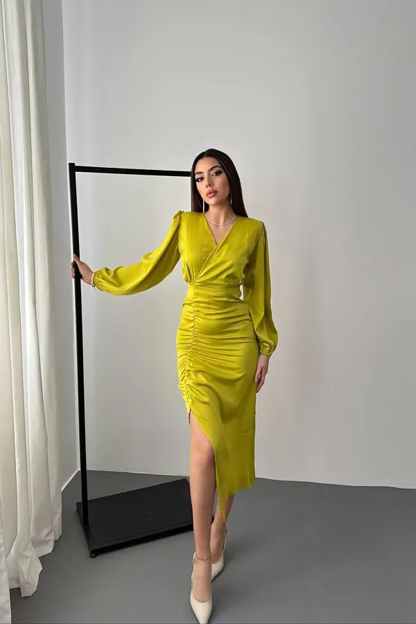 Robe en satin vert pétrole à col en V en gros