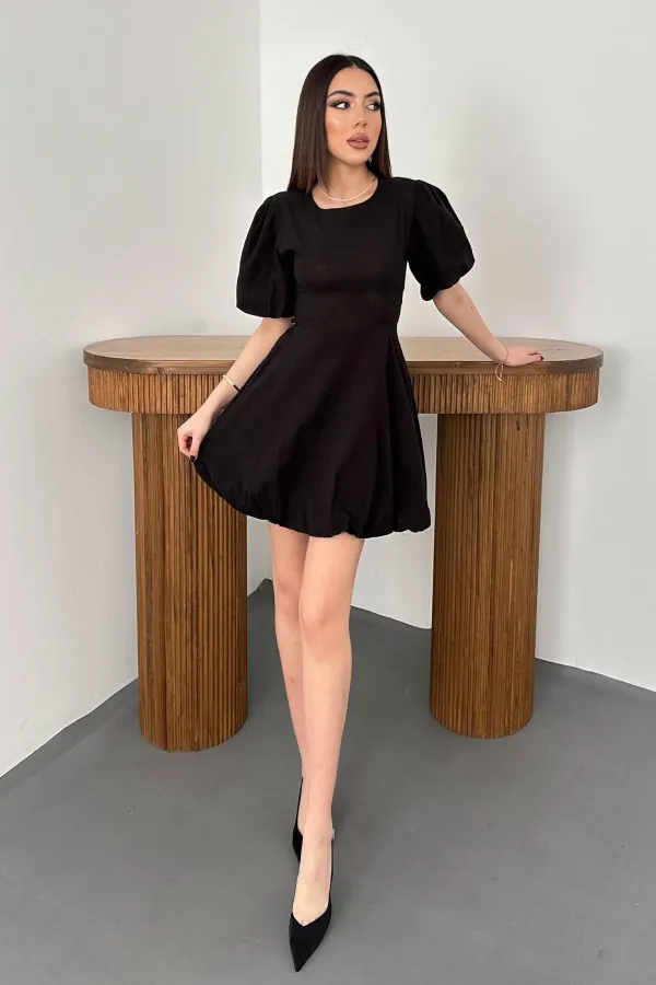 Toptan Siyah Arkadan Bağlamalı Keten Elbise