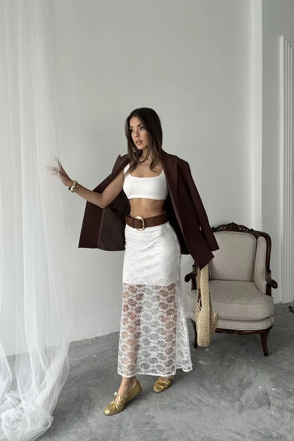 Toptan Beyaz Dantel Detaylı Etek