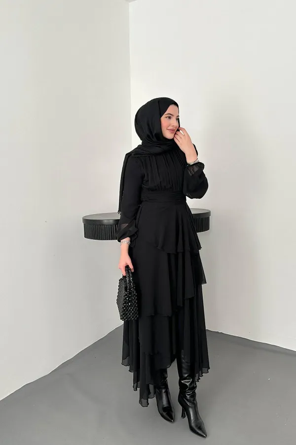 Toptan Siyah Bel Detaylı Elbise