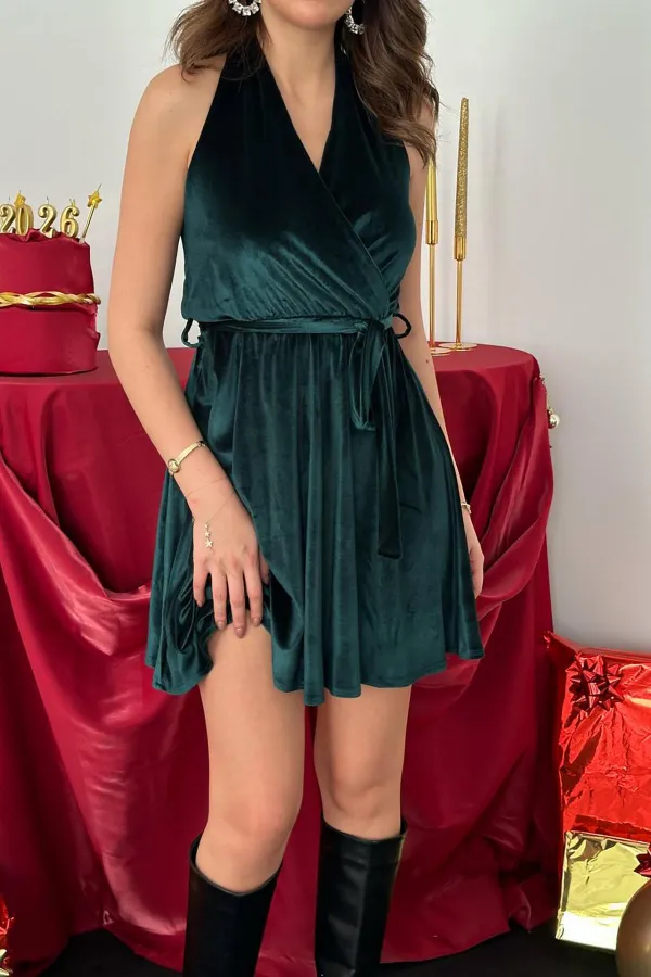 Toptan Zümrüt Boyundan Geçmeli Elbise