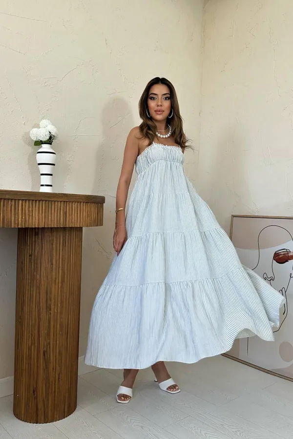 Wholesale Blue Strappy Striped Muslin Dress