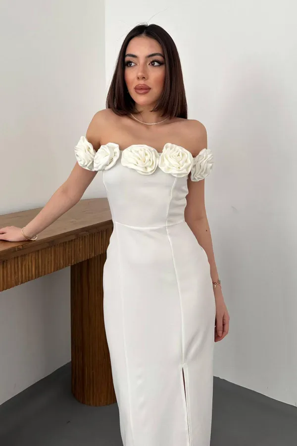 Toptan Beyaz Madonna Yaka Güllü Elbise