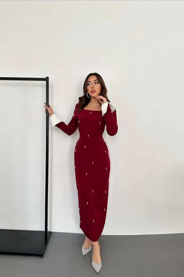 Toptan Bordo İşlemeli Atlas Elbise