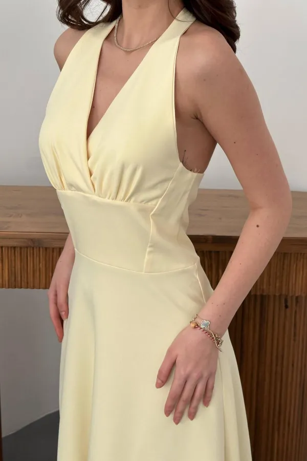 Toptan Sarı Atlas Göğüs Kuplu Elbise