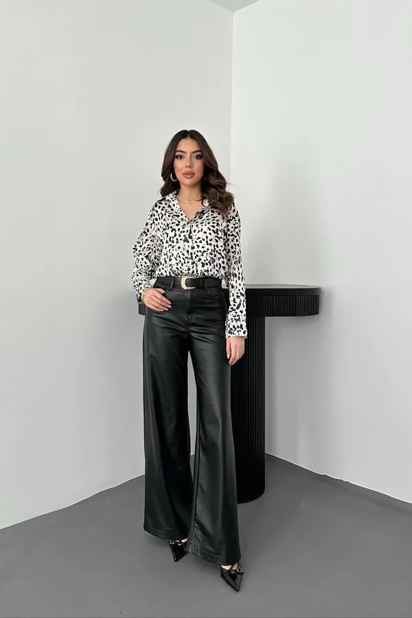 Toptan Ekru Leopar Desenli Saten Gömlek