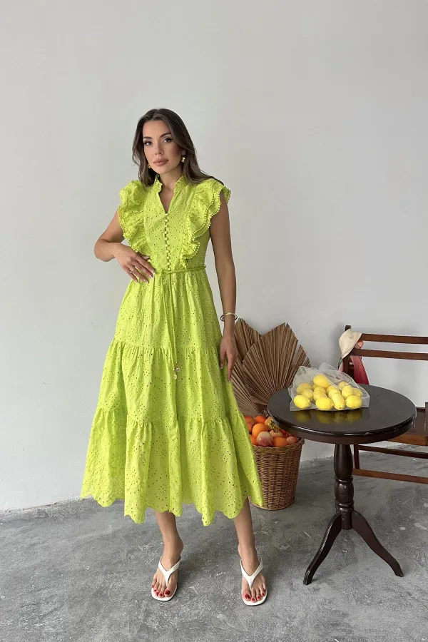 Robe boutonnée à volants vert pétrole en gros