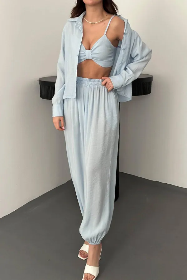 Toptan Bebe Mavi Gipe Detaylı Üçlü Takım