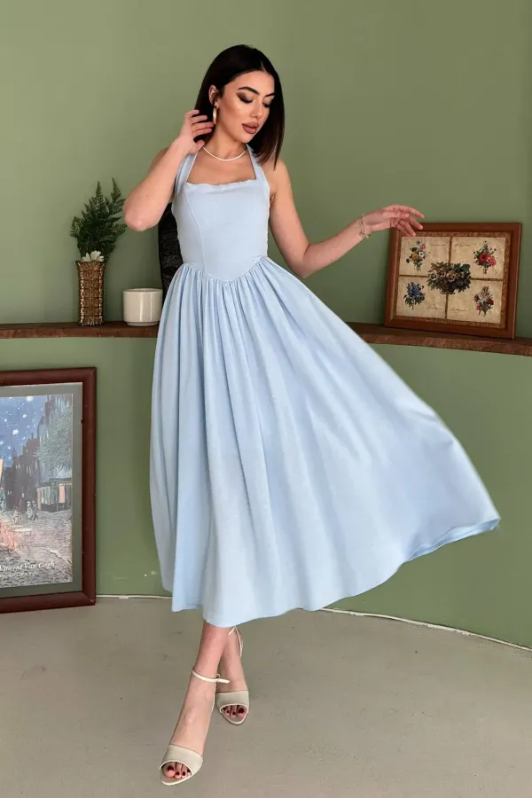 Toptan Mavi Boyundan Bağlamalı Keten Elbise