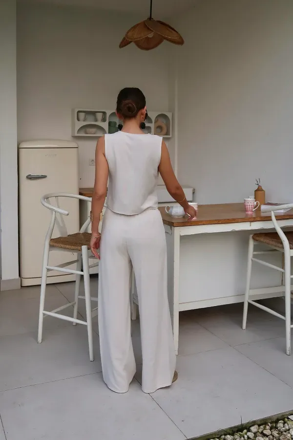 Costume en lin beige avec nœud sur le devant, vente en gros