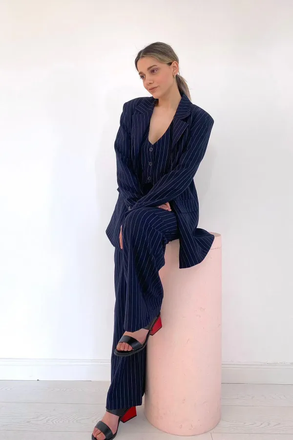 Wholesale Navy Blue Striped Jacket & Vest and Trouser Set