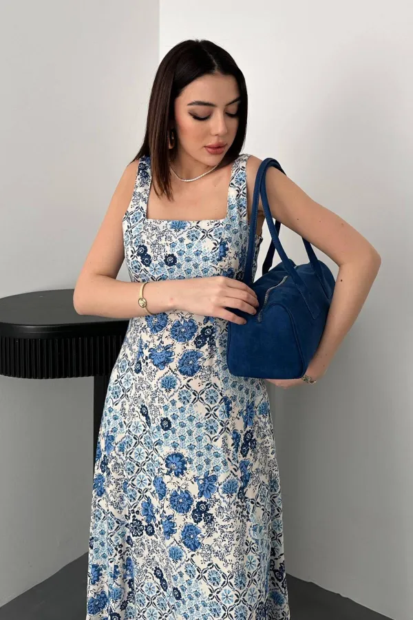 Toptan Mavi Çiçekli Viskon Elbise