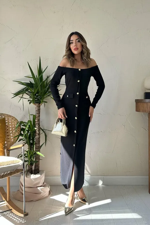 Robe noire en tricot à boutons dorés en gros