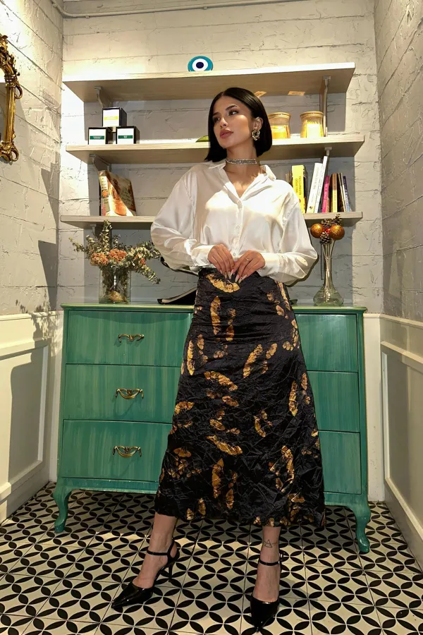 Toptan Siyah Baskılı Kroşetalı Etek