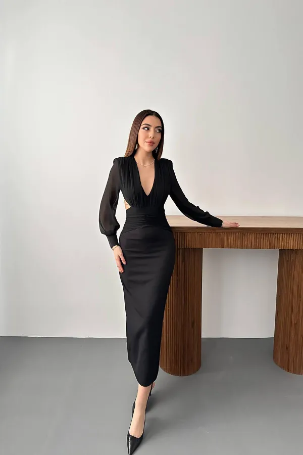 Robe noire en mousseline de soie avec manches et détails à la taille dans le dos, vente en gros