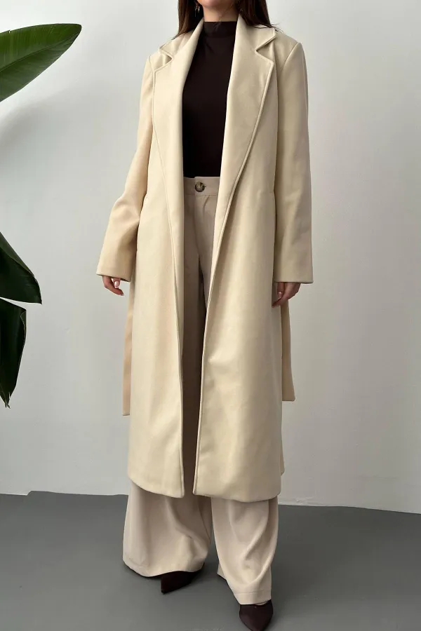 Toptan Bej Kuşaklı Midi Kaban