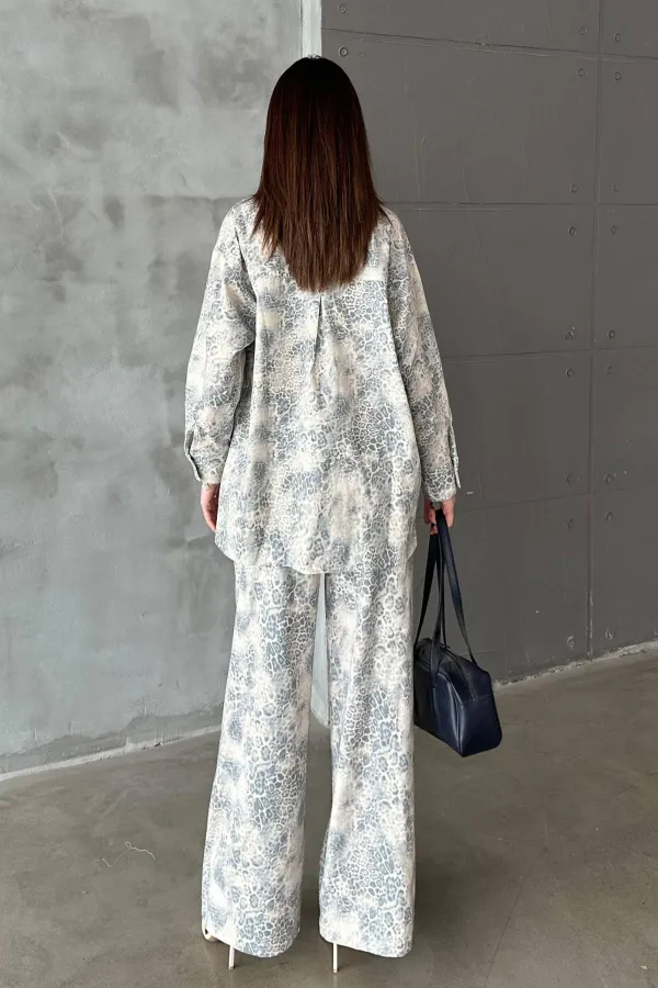 Ensemble veste et pantalon en lin gris à motif léopard en gros