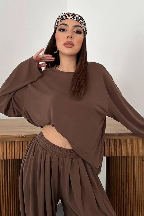 Ensemble haut et bas marron à manches longues en gros