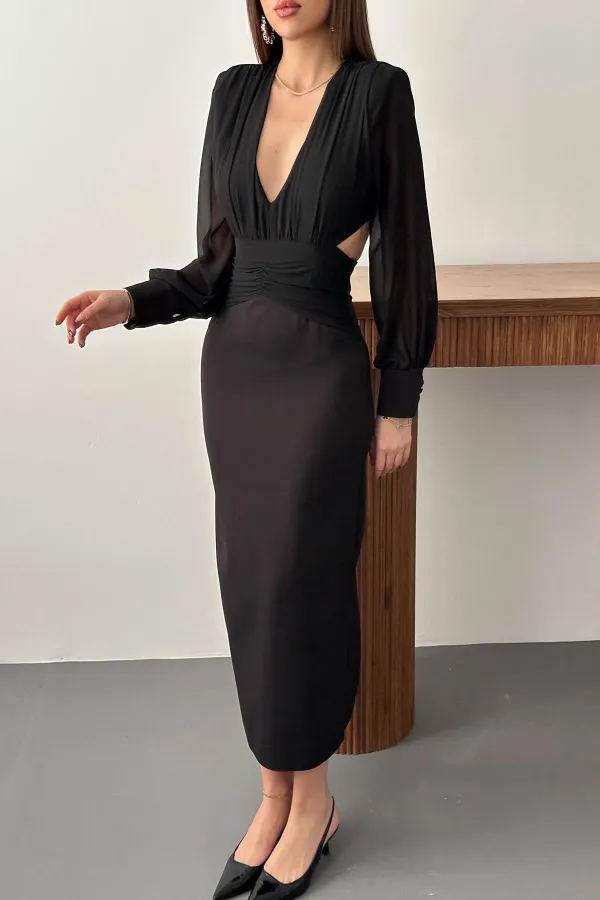Robe noire en mousseline de soie avec manches et détails à la taille dans le dos, vente en gros