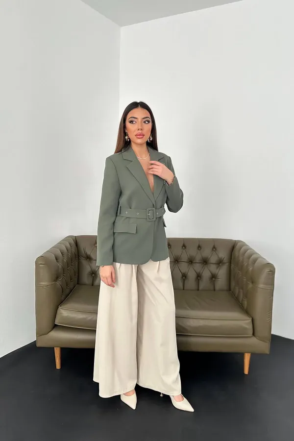 Wholesale Khaki Jacket with Pocket Flap and Belt