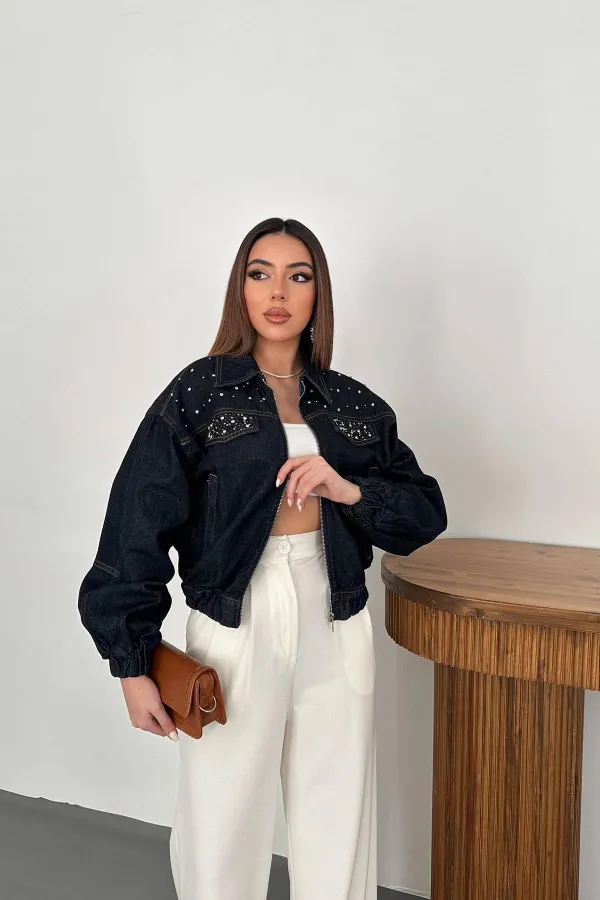 Veste courte en jean bleu délavé en gros