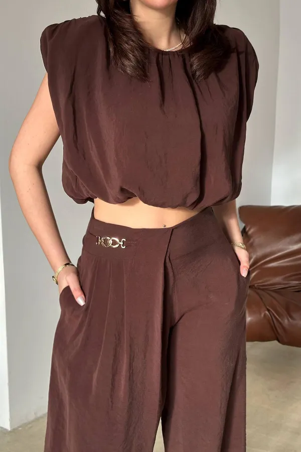 Ensemble chemisier et pantalon marron en modal, vente en gros