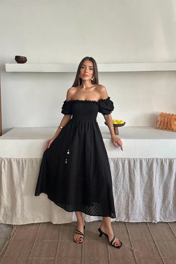 Toptan Siyah Gipeli Brode Elbise