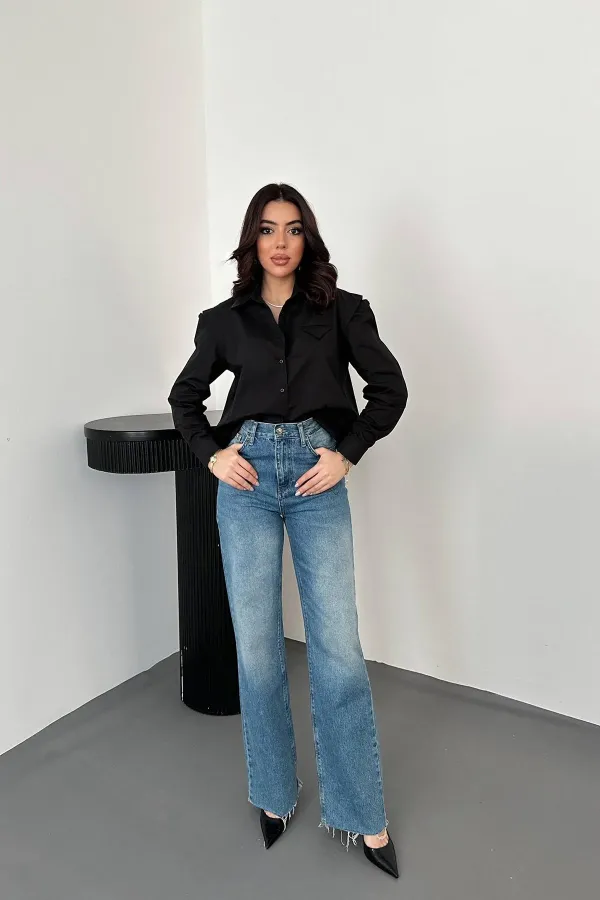 Chemises en popeline noire Peto avec poches, en gros