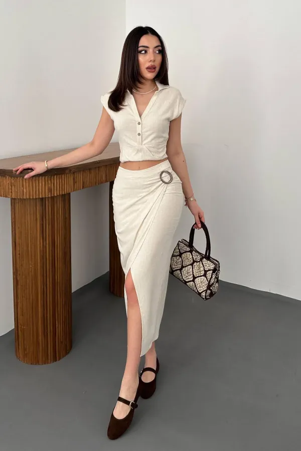 Toptan Bej Keten Gömlek Ve Etek Takım