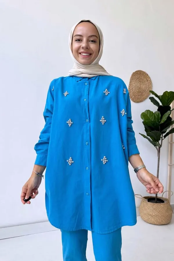 Wholesale Blue Classic Stoned Linen Suit Set