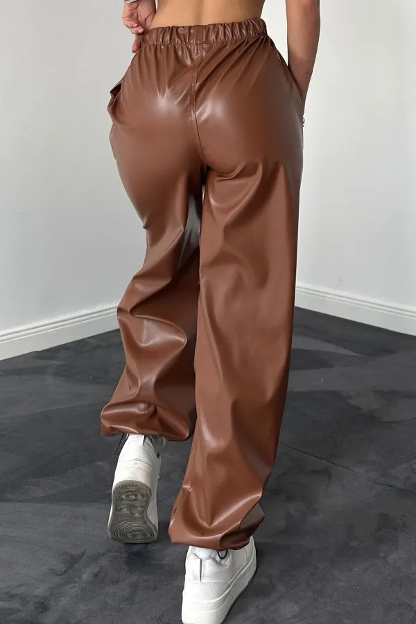 Toptan Camel Lastikli Deri Pantolon